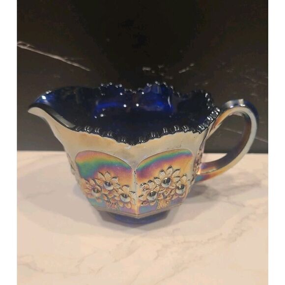 Fenton Carnival Glass Creamer Orange Tree Pattern Blue Base Scallop Edge GUC - Picture 1 of 9